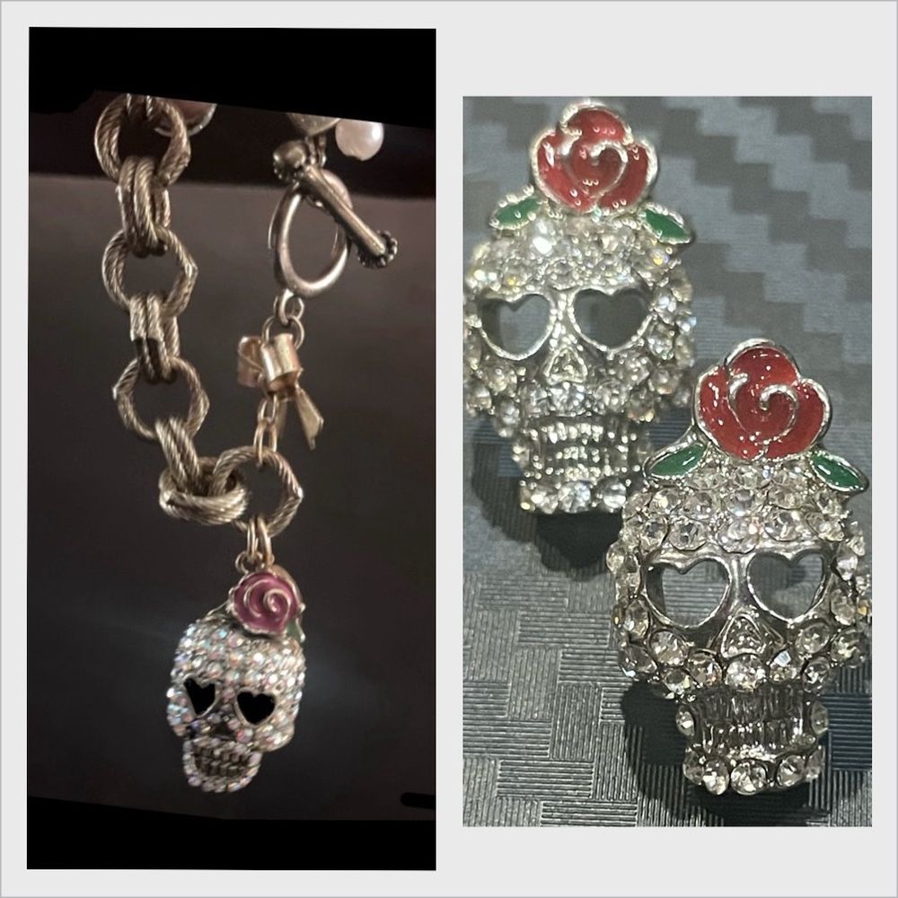 Betsey Johnson toggle charm bracelet w/ AB crystal skull & crystal earrings